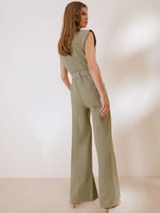 Friends Like These Olive Green Petite Sleeveless Belted Denim Utility Jumpsuit - Image 4 of 4