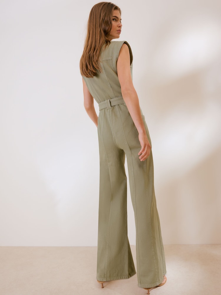 Friends Like These Olive Green Petite Sleeveless Belted Denim Utility Jumpsuit - Image 4 of 4