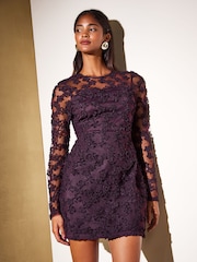 Burgunderrot - Friends Like These Lace Floral Long Sleeve Mini Dress - Bild 1 von 4