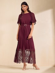 Friends Like These Berry Red Pleated Short Sleeve Lace Hem Midi Dress - Image 1 of 5