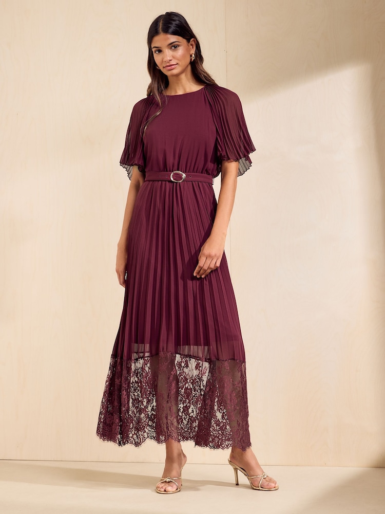 Friends Like These Berry Red Pleated Short Sleeve Lace Hem Midi Dress - Image 1 of 5