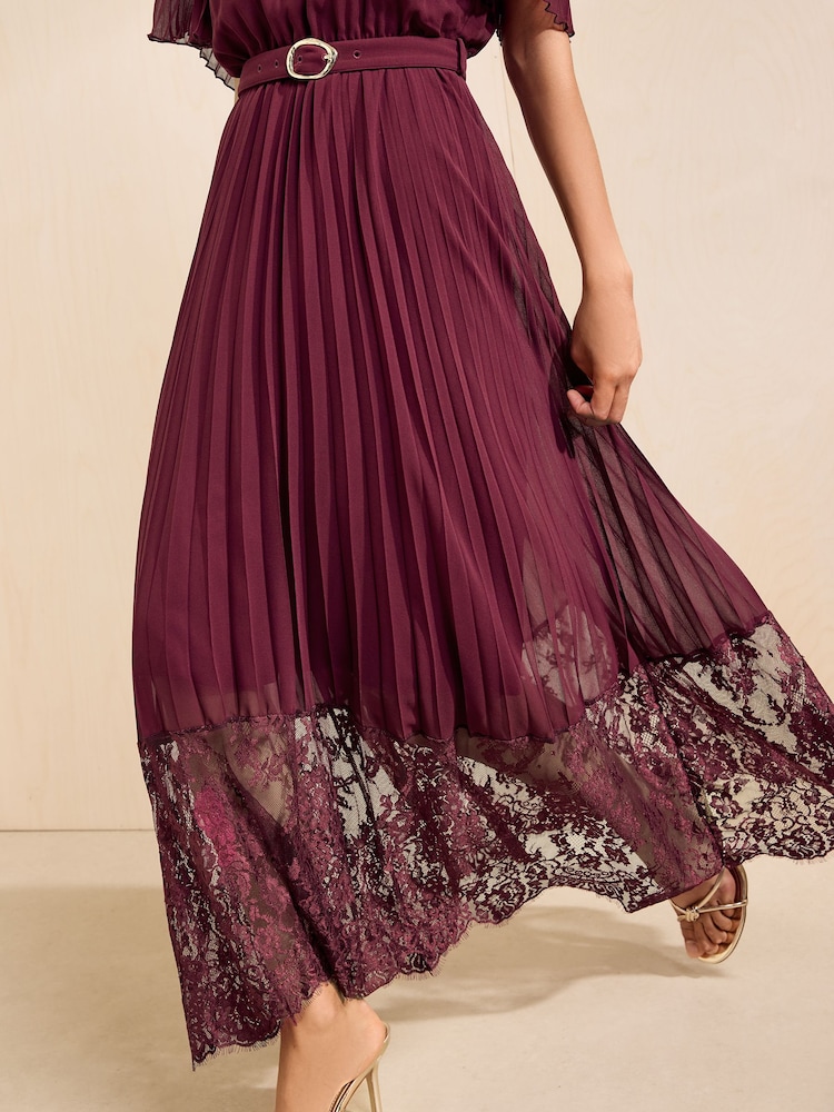 Friends Like These Berry Red Pleated Short Sleeve Lace Hem Midi Dress - Image 2 of 5