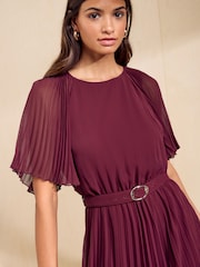 Friends Like These Berry Red Pleated Short Sleeve Lace Hem Midi Dress - Image 3 of 5