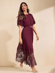 Friends Like These Berry Red Pleated Short Sleeve Lace Hem Midi Dress - Image 4 of 5