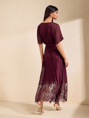 Friends Like These Berry Red Pleated Short Sleeve Lace Hem Midi Dress - Image 5 of 5
