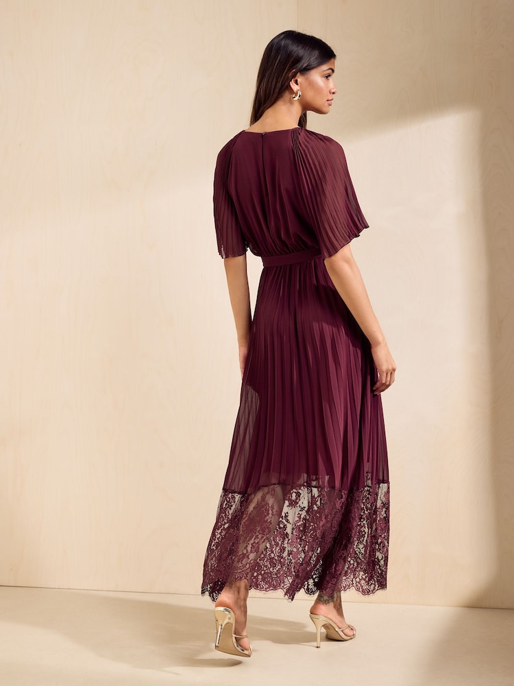 Friends Like These Berry Red Pleated Short Sleeve Lace Hem Midi Dress - Image 5 of 5