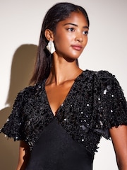 Friends Like These Black Short Sleeve Sequin Satin Midi Dress - Image 3 of 6