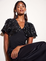 Friends Like These Black Short Sleeve Sequin Satin Midi Dress - Image 4 of 6
