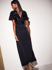 Friends Like These Black Short Sleeve Sequin Satin Midi Dress - Image 6 of 6