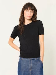 FatFace Fleur Black Pointelle Stitch Short Sleeve Top - Image 1 of 5
