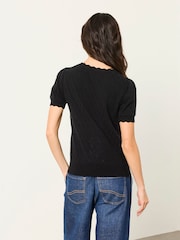 FatFace Fleur Black Pointelle Stitch Short Sleeve Top - Image 2 of 5