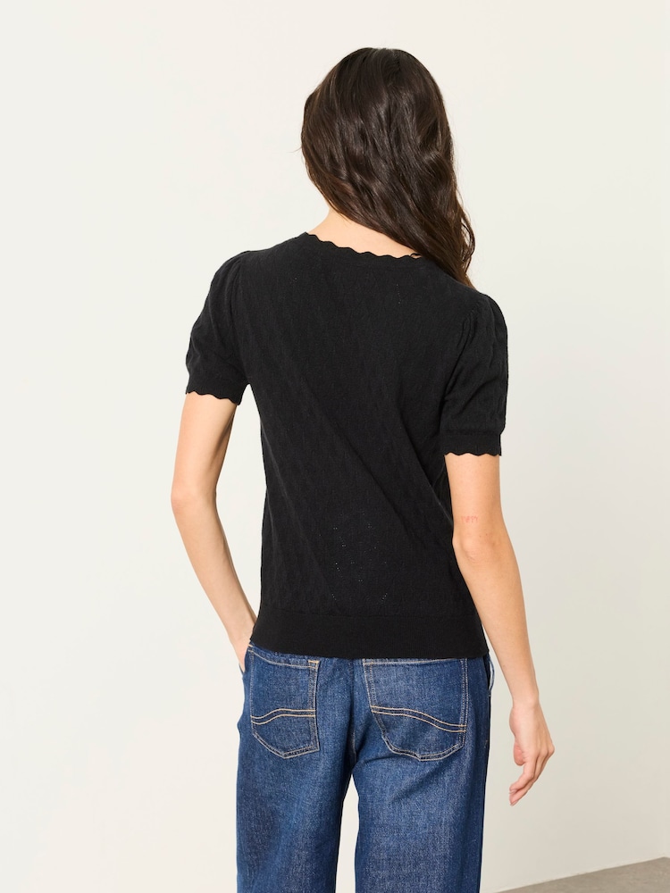 FatFace Fleur Black Pointelle Stitch Short Sleeve Top - Image 2 of 5 FatFace Fleur Black Pointelle Stitch Short Sleeve Top - Image 2 of 5