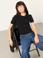 FatFace Fleur Black Pointelle Stitch Short Sleeve Top - Image 3 of 5
