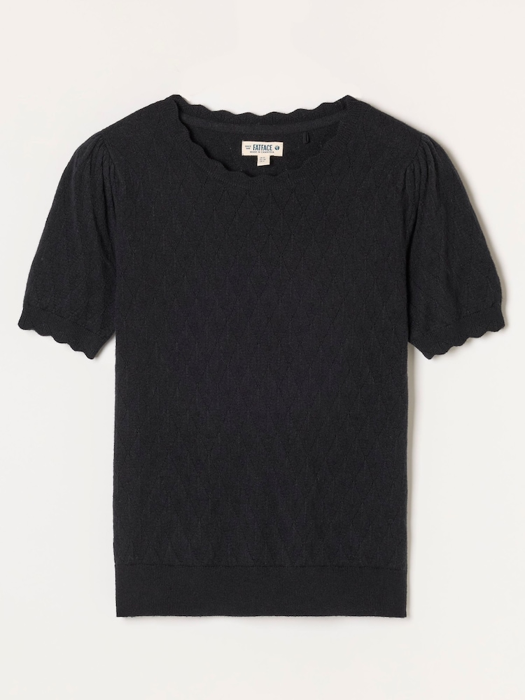 FatFace Fleur Black Pointelle Stitch Short Sleeve Top - Image 5 of 5 FatFace Fleur Black Pointelle Stitch Short Sleeve Top - Image 5 of 5