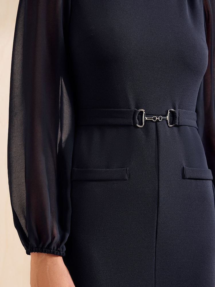 Friends Like These Navy Chiffon Long Sleeve Pencil Midi Dress - Image 2 of 5 Friends Like These Navy Chiffon Long Sleeve Pencil Midi Dress - Image 2 of 5