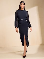 Friends Like These Navy Chiffon Long Sleeve Pencil Midi Dress - Image 3 of 5