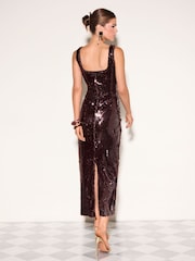 Friends Like These Chocolate Brown Scoop Neck Sequin Maxi Dress - Image 4 of 5