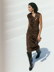 Friends Like These Dark Khaki Green Suedette Hardware Draped Midi Dress - Image 1 of 4