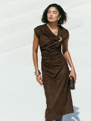 Friends Like These Dark Khaki Green Suedette Hardware Draped Midi Dress - Image 2 of 4