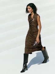 Friends Like These Dark Khaki Green Suedette Hardware Draped Midi Dress - Image 4 of 4