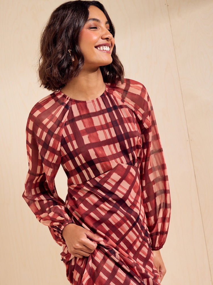 Friends Like These Red Check Long Sleeve Check Chiffon Midi Dress - Image 2 of 5