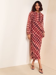 Friends Like These Red Check Long Sleeve Check Chiffon Midi Dress - Image 3 of 5
