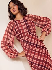 Friends Like These Red Check Long Sleeve Check Chiffon Midi Dress - Image 4 of 5