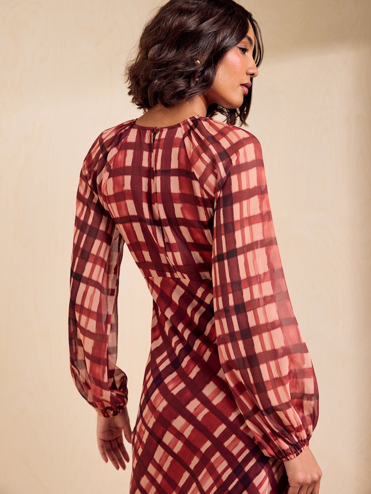 Friends Like These Red Check Long Sleeve Check Chiffon Midi Dress - Image 5 of 5