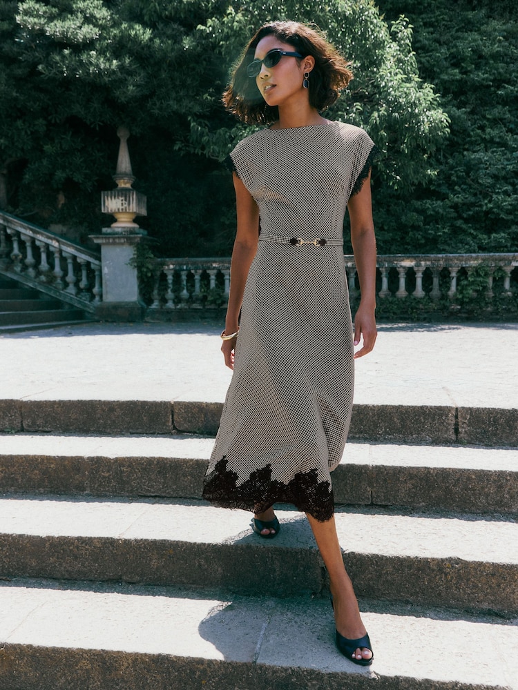 Friends Like These Check Lace Trim Short Sleeve Midi Dress - Image 1 of 5