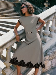 Friends Like These Check Lace Trim Short Sleeve Midi Dress - Image 5 of 5