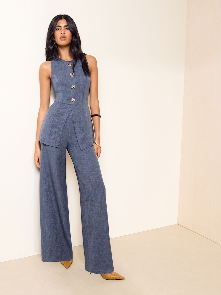 Friends Like These Navy Button Detail Peplum Hem Waistcoat Jumpsuit - Image 1 of 5