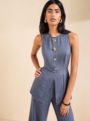 Friends Like These Navy Button Detail Peplum Hem Waistcoat Jumpsuit - Image 2 of 5