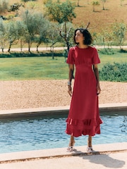 Friends Like These Berry Red Puff Sleeve Ruffle Hem Satin Midi Dress - Image 1 of 4