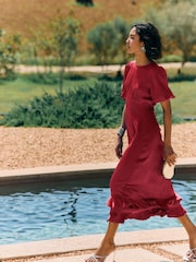 Friends Like These Berry Red Puff Sleeve Ruffle Hem Satin Midi Dress - Image 2 of 4
