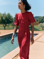 Friends Like These Berry Red Puff Sleeve Ruffle Hem Satin Midi Dress - Image 3 of 4