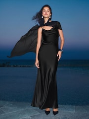 Friends Like These Black Petite Chiffon Cape Satin Midi Dress - Image 1 of 6