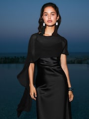 Friends Like These Black Petite Chiffon Cape Satin Midi Dress - Image 5 of 6