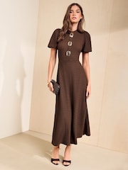 Friends Like These Chocolate Brown Petite Textured Puff Sleeve Button Down Midi Dress - Image 1 of 6