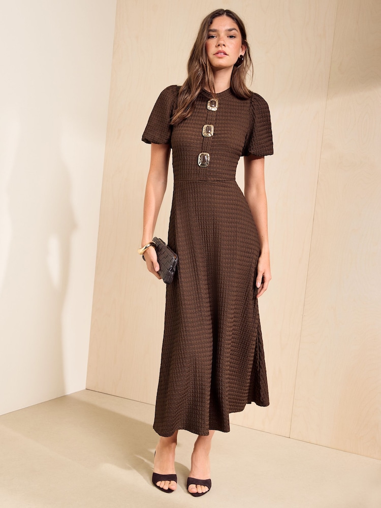 Friends Like These Chocolate Brown Petite Textured Puff Sleeve Button Down Midi Dress - Image 1 of 6 Friends Like These Chocolate Brown Petite Textured Puff Sleeve Button Down Midi Dress - Image 1 of 6