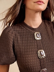 Friends Like These Chocolate Brown Petite Textured Puff Sleeve Button Down Midi Dress - Image 3 of 6
