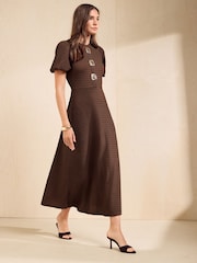 Friends Like These Chocolate Brown Petite Textured Puff Sleeve Button Down Midi Dress - Image 4 of 6