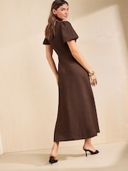 Friends Like These Chocolate Brown Petite Textured Puff Sleeve Button Down Midi Dress - Image 6 of 6