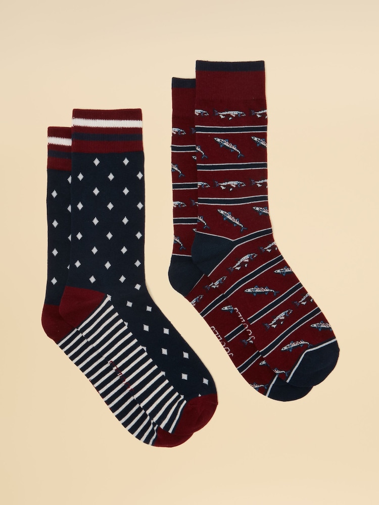 Joules Men's Kingsbury Burgundy Fish Socks 2 Pack (size 7-12) - Image 1 of 3 Joules Men's Kingsbury Burgundy Fish Socks 2 Pack (size 7-12) - Image 1 of 3