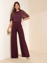 Friends Like These Aubergine Purple Petite Chiffon Flutter Sleeve Jumpsuit - Image 1 of 5