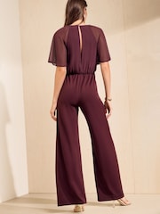 Friends Like These Aubergine Purple Petite Chiffon Flutter Sleeve Jumpsuit - Image 5 of 5