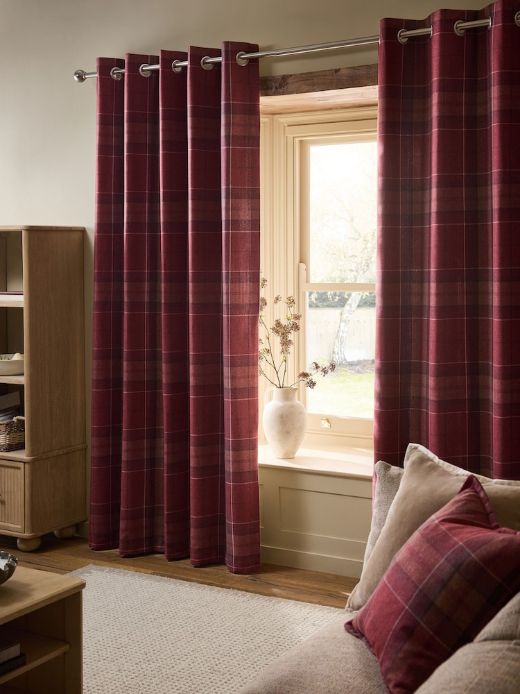 Red Brushed Check Super Thermal Eyelet Curtains - Image 2 of 6 Red Brushed Check Super Thermal Eyelet Curtains - Image 2 of 6