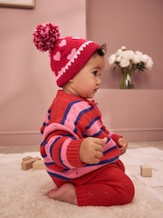 Red/Pink Heart Knitted - Double Pom Baby Beanie - 圖片 1，共 5