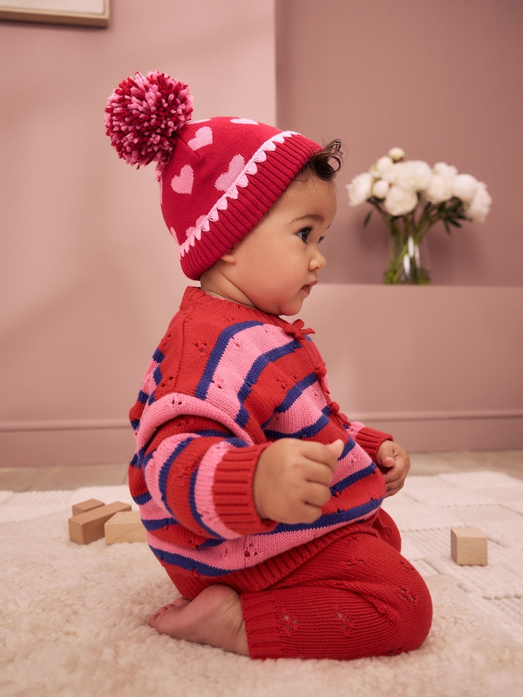 Red/Pink Heart Knitted - Double Pom Baby Beanie - 圖片 1，共 5