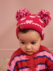 Red/Pink Heart Knitted - Double Pom Baby Beanie - 圖片 2，共 5