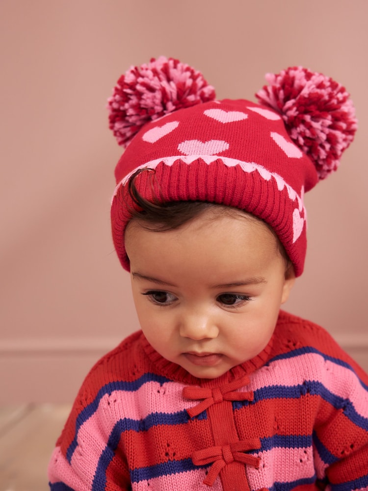 Red/Pink Heart Knitted - Double Pom Baby Beanie - 圖片 2，共 5